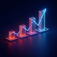 A digital art image shows a bar graph with an upward-pointing arrow, all rendered in a glowing blue hue against a dark background

