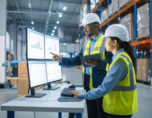 Two workers in a warehouse, analyzing data on multiple monitors
