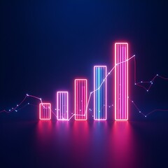 A digital art image shows a bar graph with an upward-pointing arrow, all rendered in a glowing blue hue against a dark background
