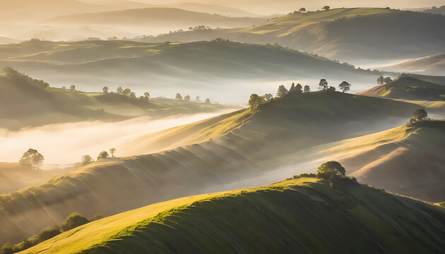 Rolling Hills in Morning Mist, Sunlit Green Pastures. - Powered by Adobe