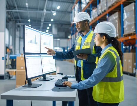 Two workers in a warehouse, analyzing data on multiple monitors