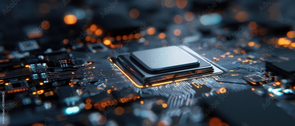 Poster the microchip on a high-tech circuit board glowing with intricate details.