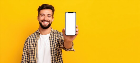 The young man proudly showcasing a smartphone with a blank screen.