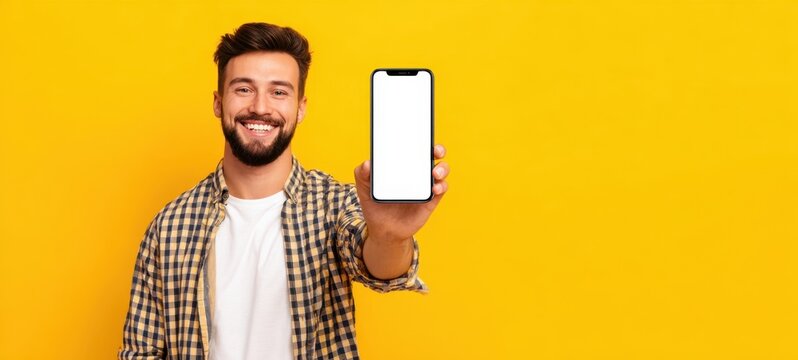 The young man proudly showcasing a smartphone with a blank screen.
