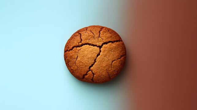 Single Cracked Oatmeal Cookie on Pastel Background