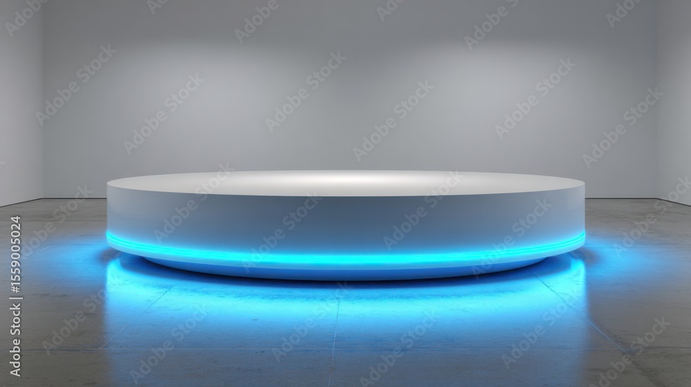 Poster a circular display platform with blue lighting is positioned in a minimalist gallery space, creating