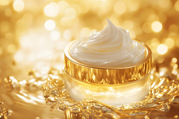 Luxurious golden skincare cream jar, glowing beauty product with soft swirl texture, anti aging facial moisturizer, premium cosmetic elegance, radiant background glamour, wellness and self care concep