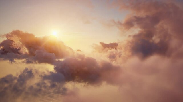 Flying over the evening timelapse clouds with the late sun. Seamlessly looped 3D render animation. Flight through moving cloudscape with beautiful sun rays. Traveling by air. Perfect for background