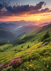 Mountain landscape with wildflowers, green hills, and a sunset over distant peaks