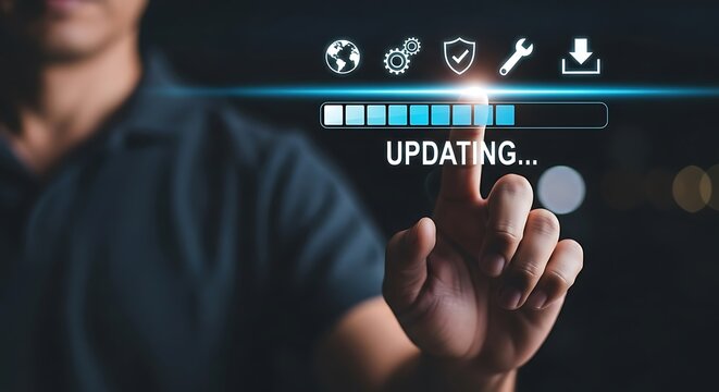 Person touching digital progress bar with update icons technology interface