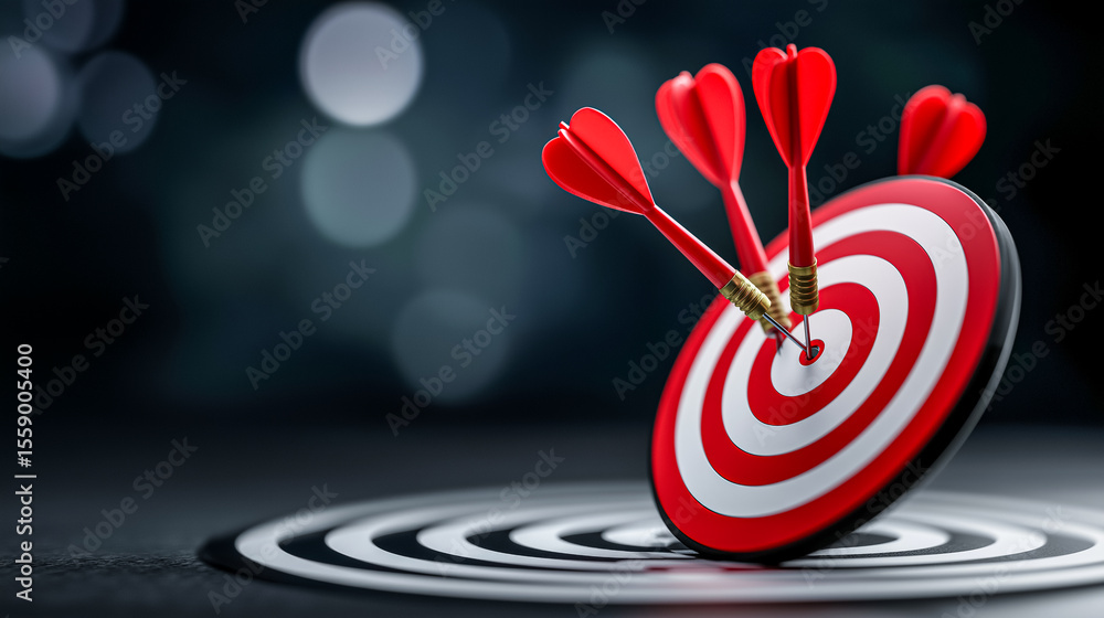 Aufkleber dartboard displays several darts missing the center with one dart executing perfect shot. clean dark