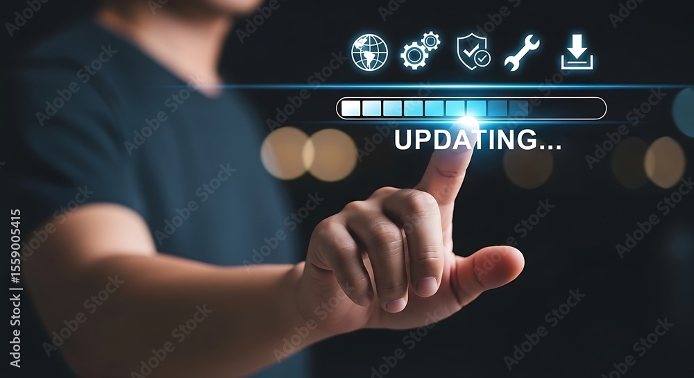 Aufkleber person touching digital progress bar with update icons technology loading