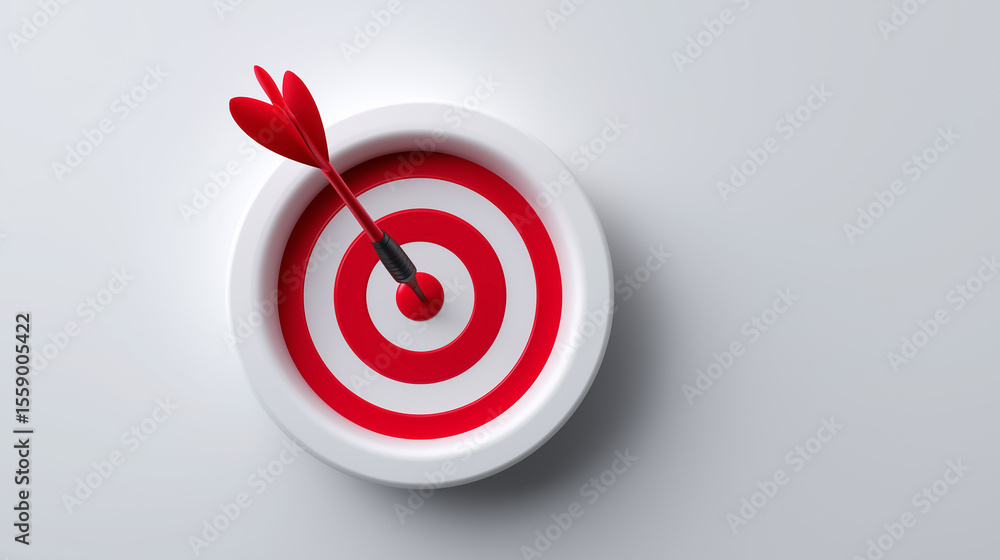 Poster red dart strikes bullseye on white target demonstrating precision and success. clean background high