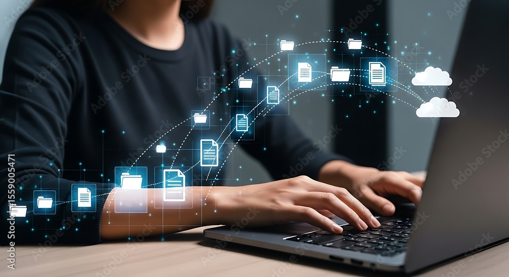 Aufkleber person typing on laptop with digital data flow and cloud icons computer keyboard