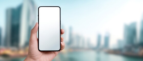 The smartphone held up against a blurred cityscape background.