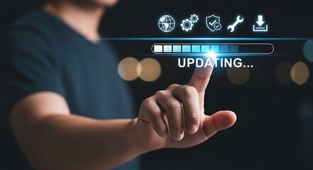 Person touching digital progress bar with update icons technology loading