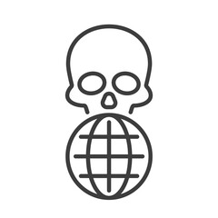 globe and skull clip art icon symbol, global disaster concept, pandemic illness, natural disaster, apocalypse, isolated line vector illustration