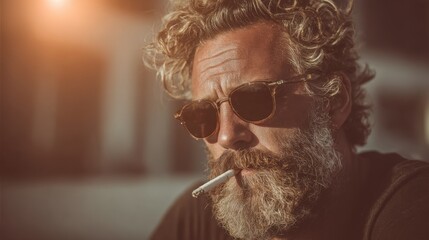 A man with a full beard and curly hair smokes a cigarette while wearing sunglasses. The warm sunset light creates a relaxed atmosphere, highlighting his thoughtful expression.
