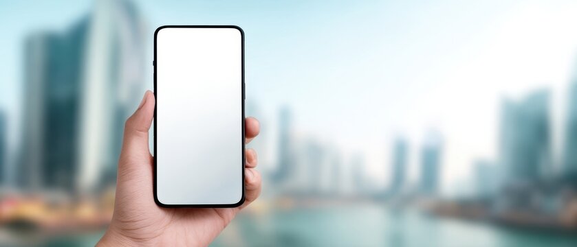 The smartphone held up against a blurred cityscape background.