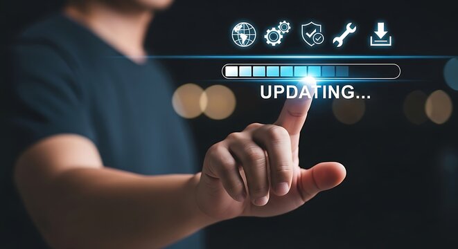 Person touching digital progress bar with update icons technology loading - Powered by Adobe