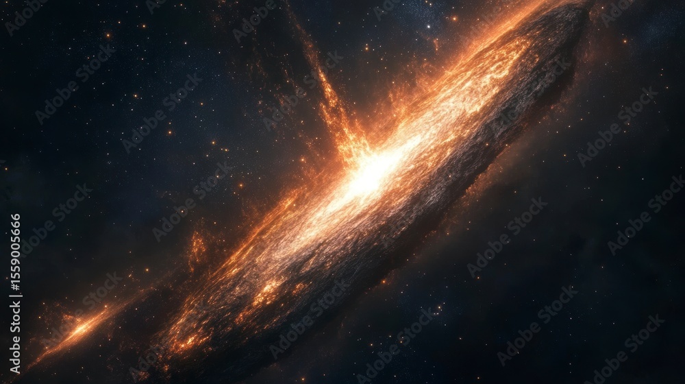 Poster fiery cosmic event, celestial body explodes with bright light and sparks in dark space.
