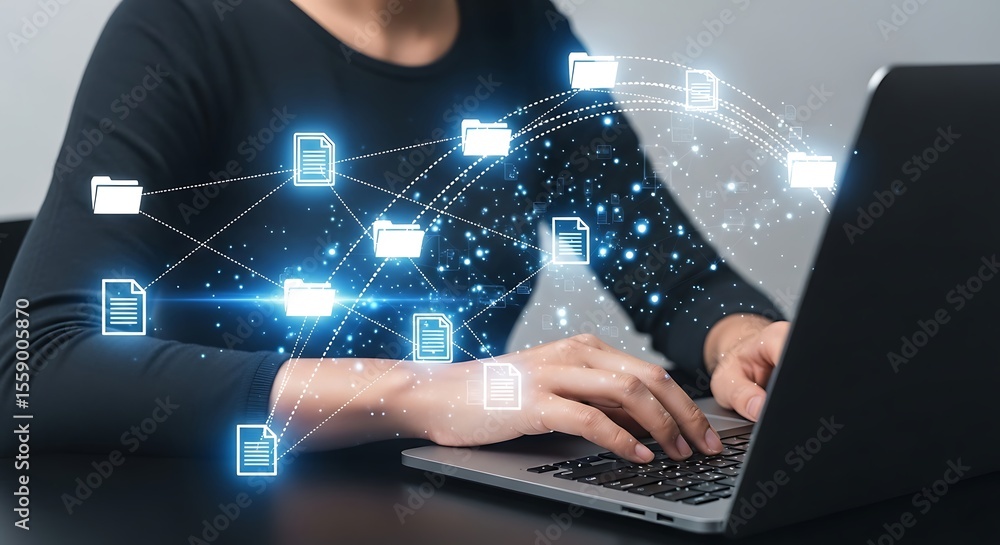Aufkleber person using laptop with digital network of files and folders keyboard