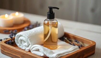 Facial cleanser bottle placed on wooden tray with white rolled towel, lavender sprigs, soft candlelight tones, natural skincare aesthetic
