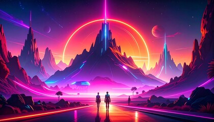 Fototapeta premium Majestic sci-fi mountain landscape with pink sun and futuristic city, glowing neon style