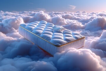 Mattress floating amidst fluffy clouds in a dreamy sky at twilight
