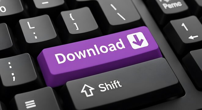 Purple download button on black keyboard computer technology