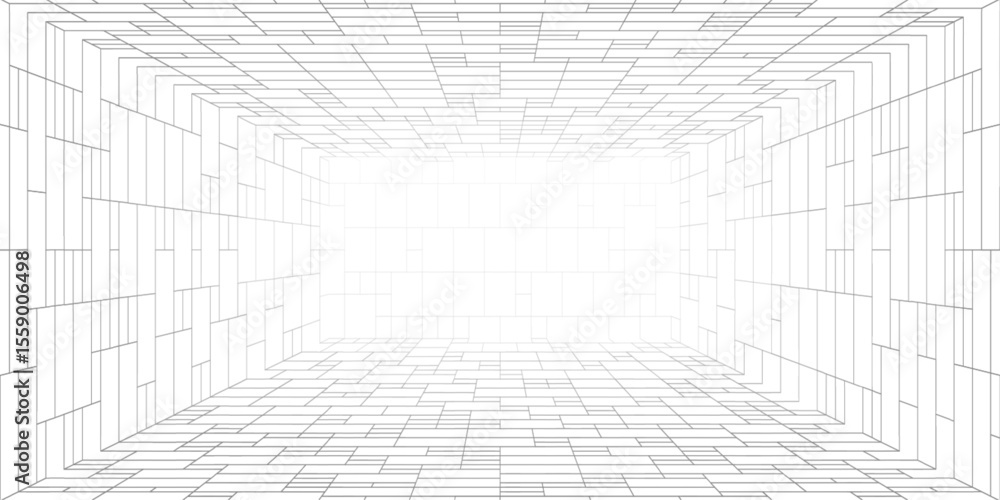 Poster 3d perspective grid room. cube wireframe box pattern. digital interior with mesh lines and outline f