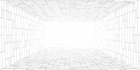 3D perspective grid room. Cube wireframe box pattern. Digital interior with mesh lines and outline for virtual space and design. Simple vector template for geometry sketch.