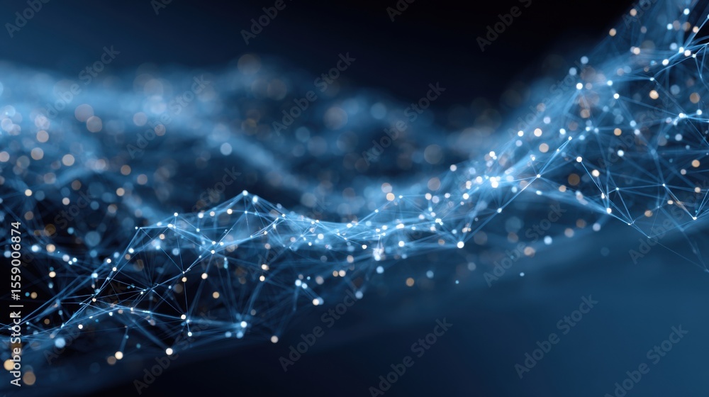 Poster visualizes a vibrant flow of interconnected nodes and pathways, showcasing technological elements. t