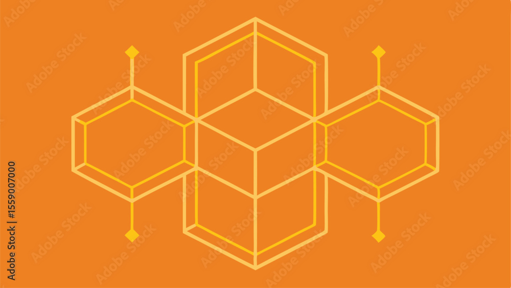 Poster abstract geometric design with hexagons and cubes on a transparent orange background