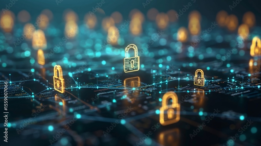 Poster a digital landscape dotted with locks and keys symbolizing the high level of security offered by blo