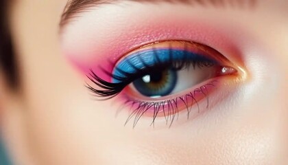 Eye with vibrant pink blue and gold makeup
