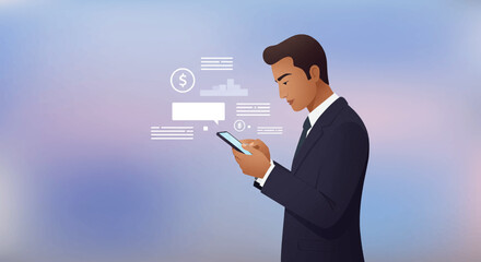 a man in a suit using a smartphone. Suitable for landing page, banner, marketing, web design, presentation, infographic, etc.