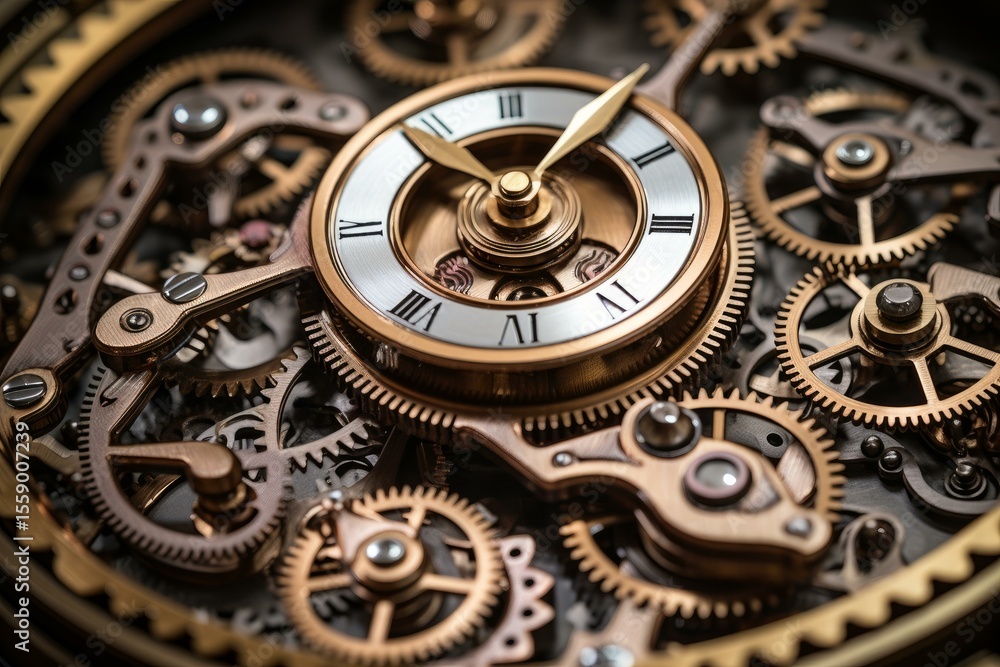 Poster close up of a clock face and complex gear system, showcasing the intricate mechanics of timekeeping