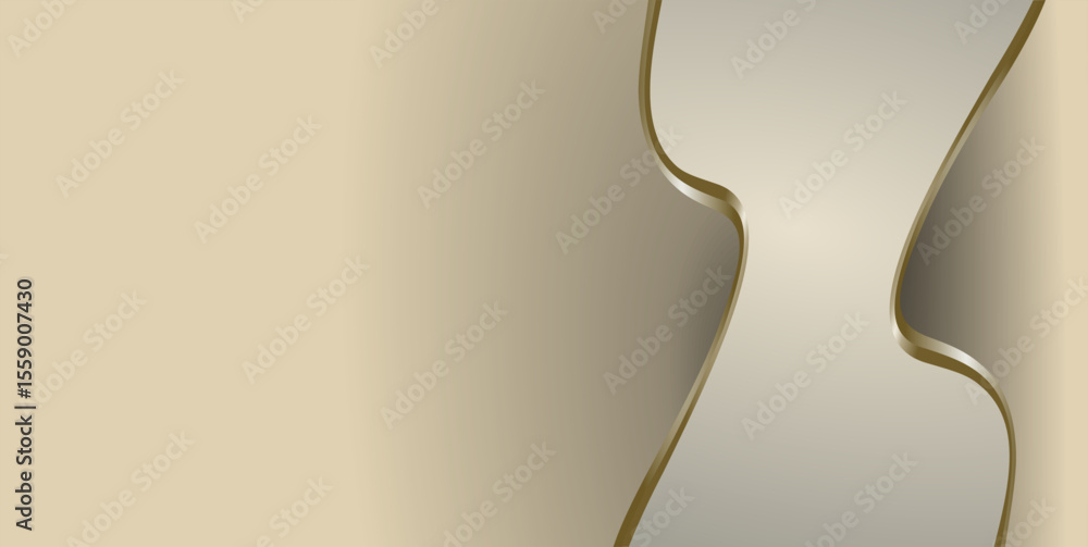 Poster composition of empty space, curved lines and geometric abstract fields with gradations of gold, brow