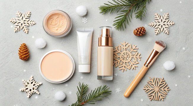 A stylish flatlay showcasing a selection of luxurious makeup products and winterthemed decorations on a grey background