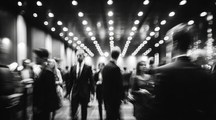 Professionals dressed in formal attire interact with one another in a bustling hall. The atmosphere is vibrant, with bright lights illuminating the space and creating a dynamic environment.