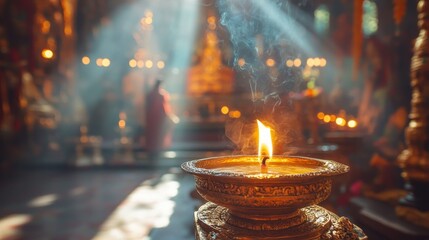 A glowing candle burns in an ornate holder inside a softly lit temple, with incense smoke rising and blurred figures in the background.