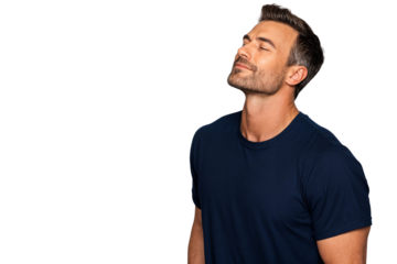 Portrait of a relaxed man in navy blue shirt with eyes closed and smiling slightly, enjoying a peaceful moment. Isolated on transparent background