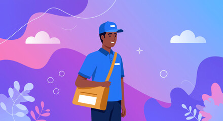 A smiling postal worker in a blue uniform carries a satchel, representing delivery services against a vibrant, abstract background.