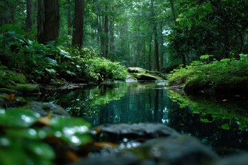 Lush green forest with a tranquil stream reflecting the vibrant foliage under soft daylight conditions