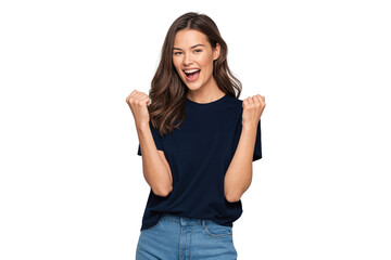 Obraz premium Excited young woman celebrating success with raised fists, smiling brightly in casual outfit. Positive energy, happiness, and youthful enthusiasm