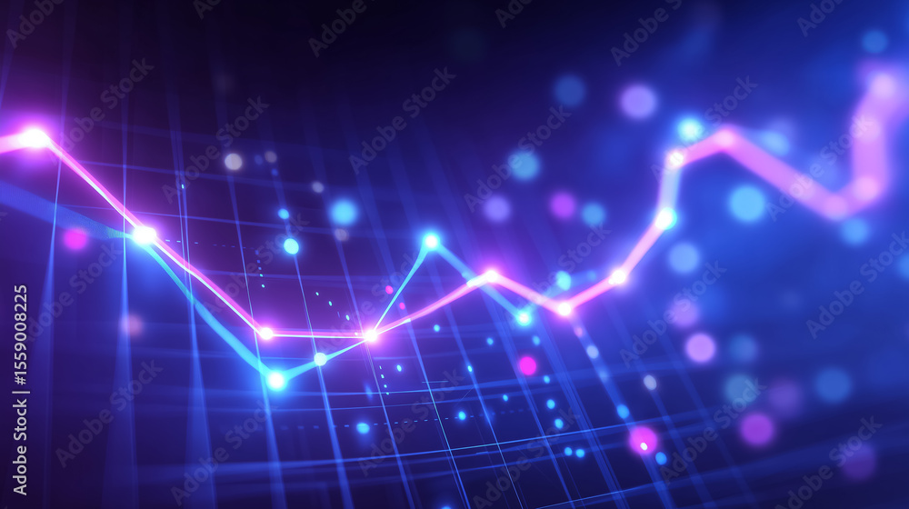 Poster glowing line chart displays upward trend with vibrant data points. abstract digital interface settin