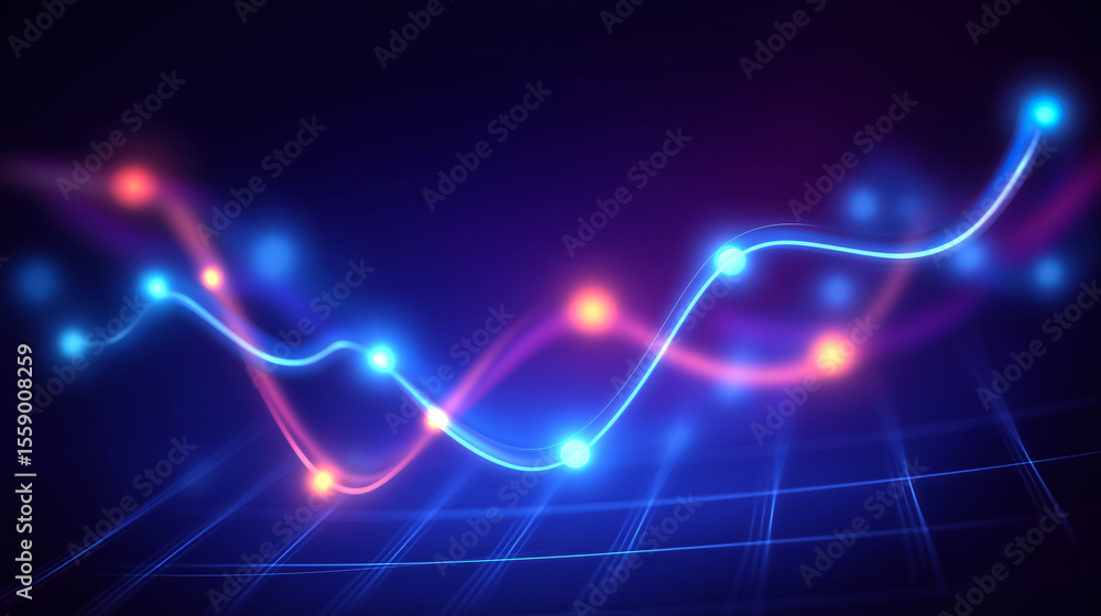 Poster line chart displays upward trend with luminous data points against soft grid background. abstract di