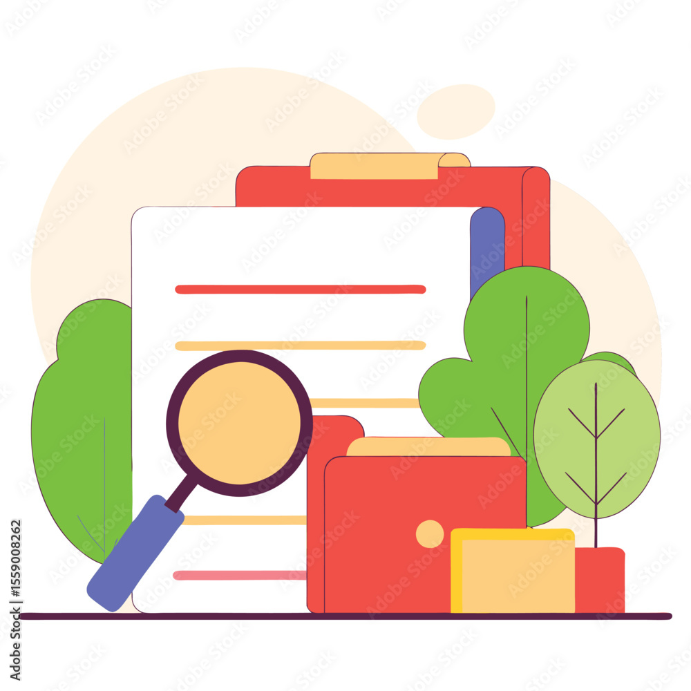 Poster magnifying glass over documents and folder with trees and abstract shapes