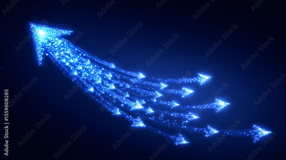 Poster bright glowing upward arrow made from smaller arrows moving in the same direction